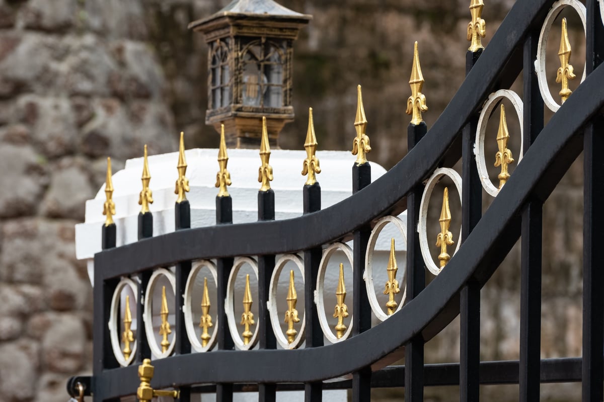 Black wrought iron metal gate with golden decorative elements